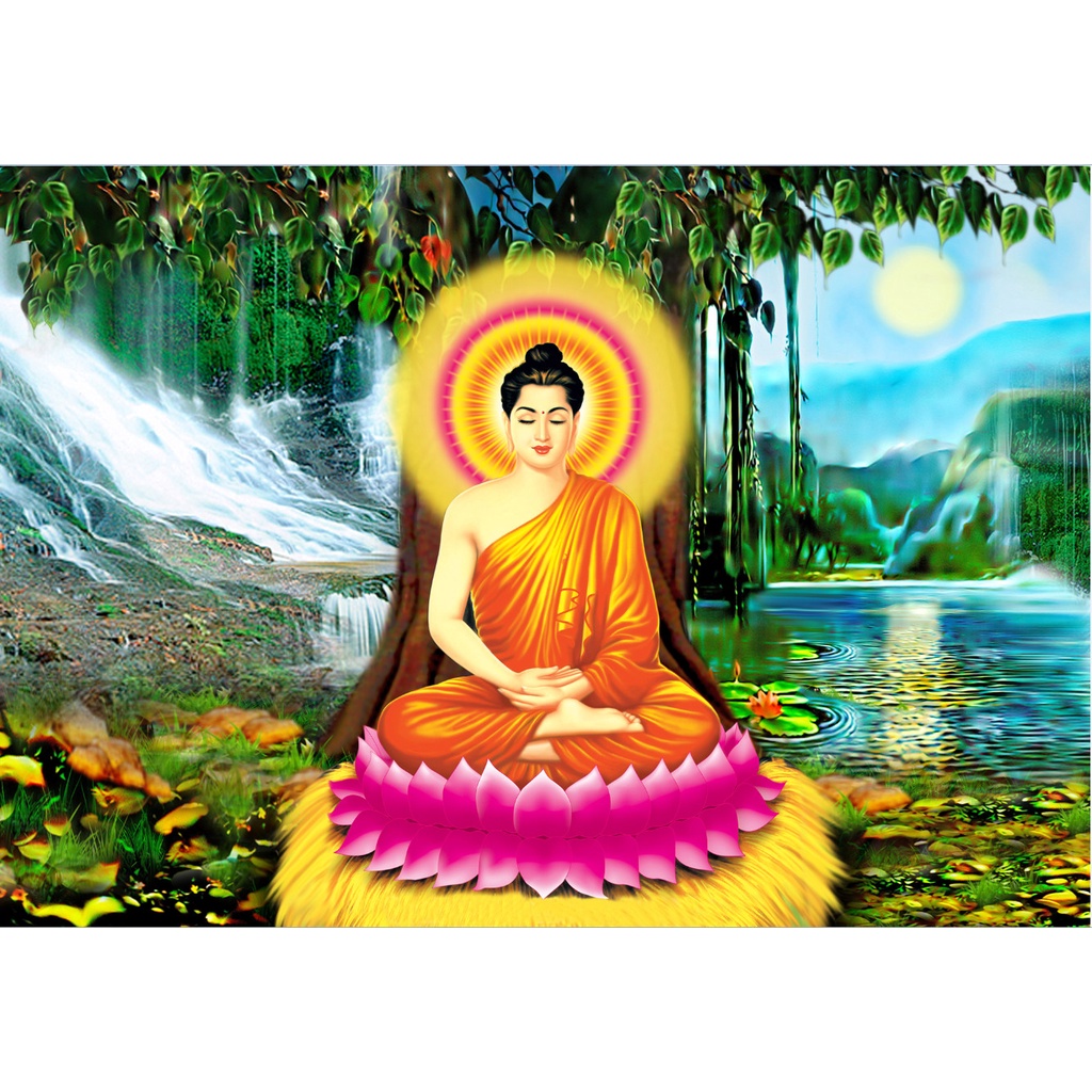 Tranh Liễn Phật Giáo -Tranh Phật Thích Ca- chất liệu vải canvas kim tuyến, nẹp sáo gỗ tự nhiên-BIG SIZE