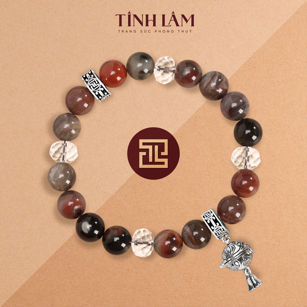 TINH LÂM Vòng Tay Phong Thủy Đá Gỗ Hóa Thạch 8 Li - Charm Hoa Sen Phối Đá Thạch Anh