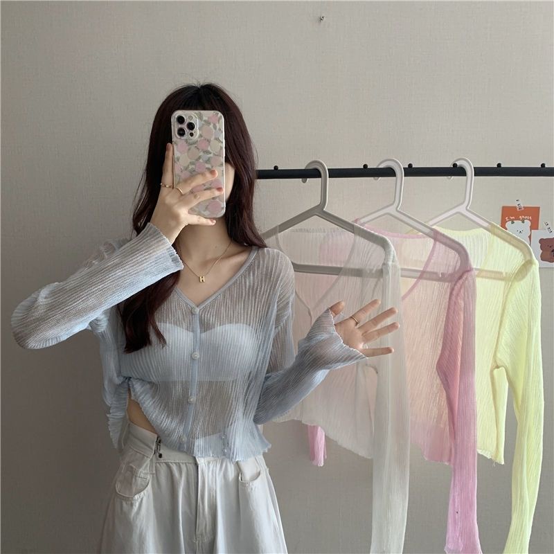 Áo Khoác Cardigan Ngắn Dệt Kim Vải Lụa Lạnh Mỏng Xuyên Thấu Thời Trang Mùa Hè Cho Nữ