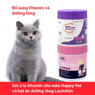 Combo 2 hộp: Vitamin cho mèo Happy Pet, hạt ăn dưỡng lông mèo Lecinthin, bổ máu, dưỡng lông và phát triển toàn diện