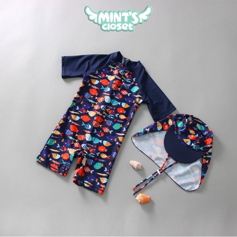 Đồ bơi bé trai liền thân kèm nón cho bé 1 2 3 4 5 tuổi MINTSCLOSET Mint's Closet - B130