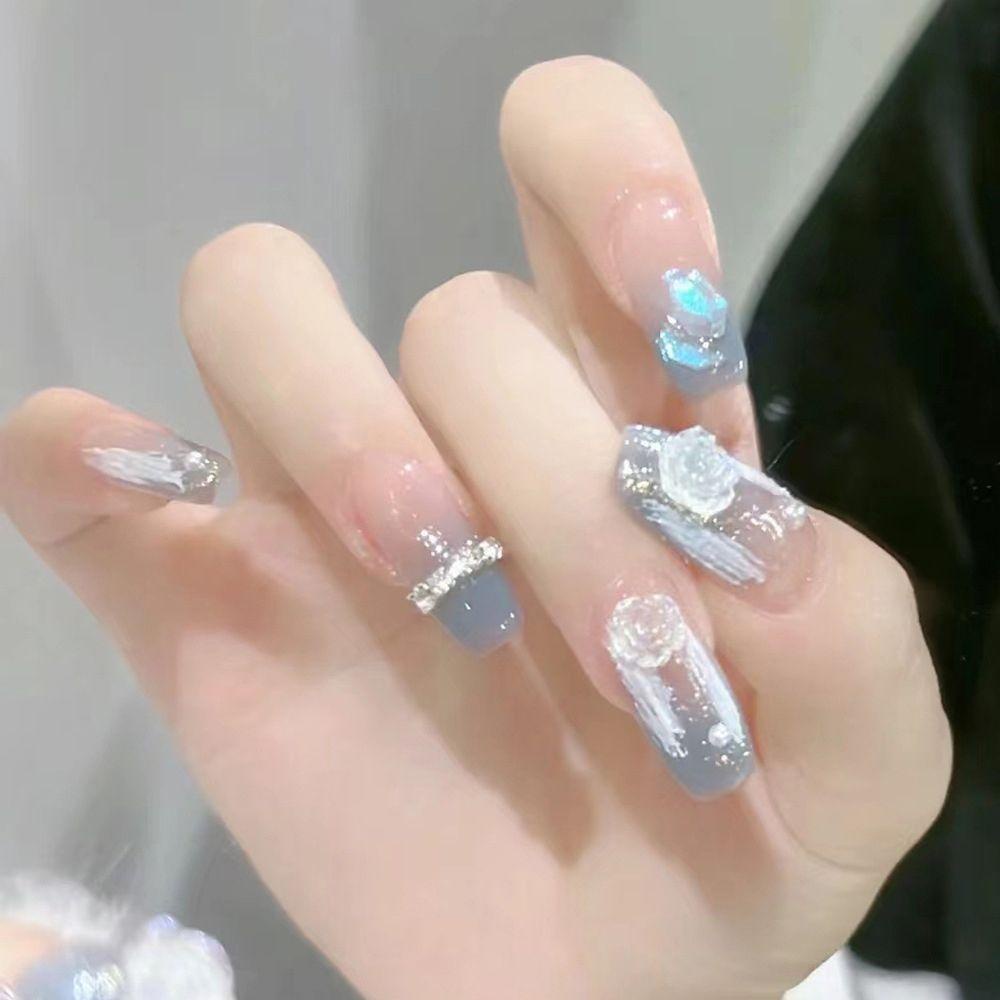 MIHAN1 Bộ 24 Móng Tay Giả Đính Hoa Hồng Hồng Lấp Lánh