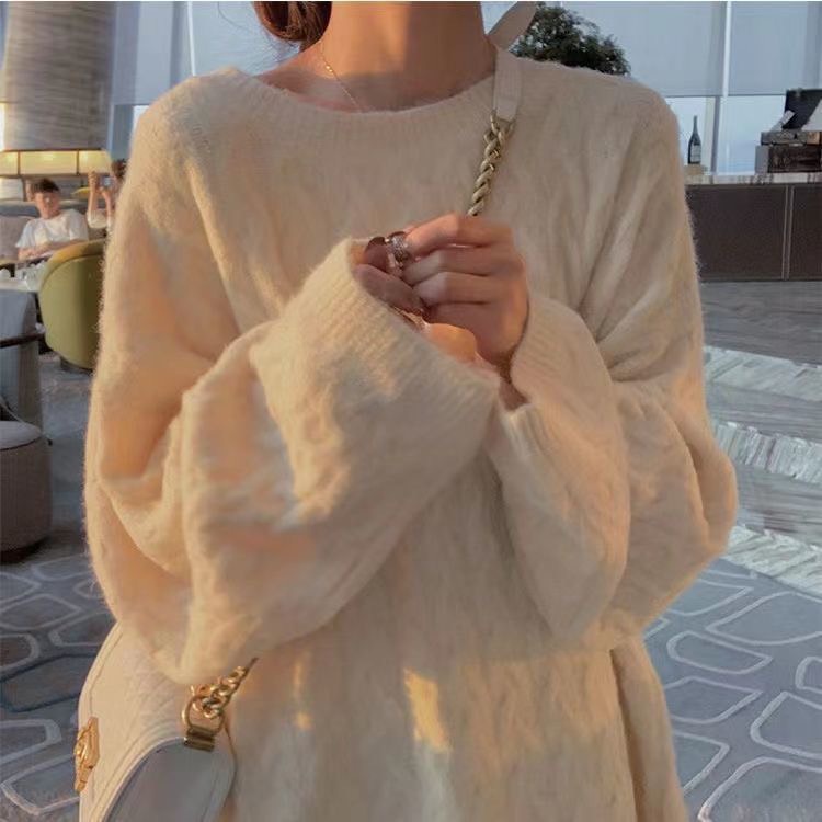 Áo len nữ màu trắng be xanh tím phom rộng sweater cổ tròn dài tay chất len vặn thừng dày dặn cao cấp phong cách Hàn Quốc