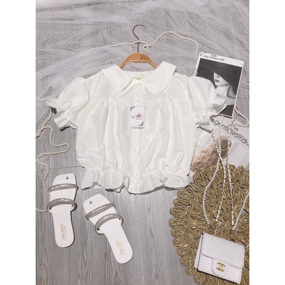 Áo Sơ Mi Dáng Ngắn Viền Bèo Cổ Sen 🦋 Áo Croptop SơMi Trắng Nữ Cộc Tay 🦋