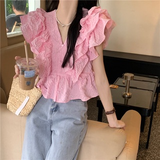 Áo sơ mi ngắn tay cổ chữ v phối bèo 53013
