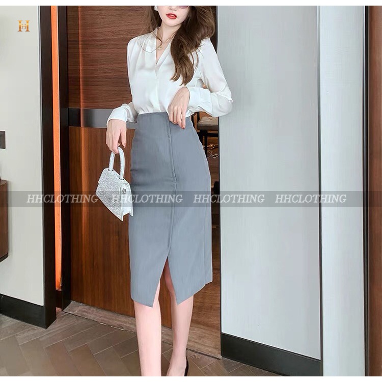 Áo lụa trơn cổ V + chân váy xẻ trước