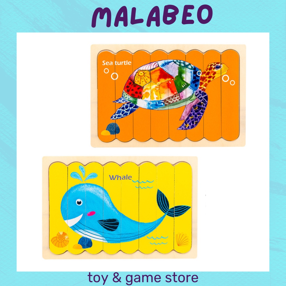 Tranh ghép gỗ nối 8 thanh gỗ 2 mặt chủ đề động vật, đồ chơi xếp hình kích thích khả năng ghi nhớ MALABEO KIDS