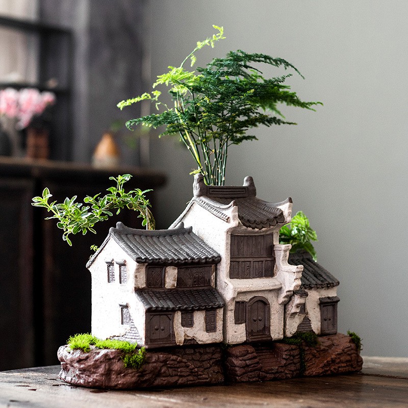 Nhà cổ trồng cây mẫu số 4 ( chưa bao gồm thực vật) trang trí tiểu cảnh để bàn bonsai mini- chất liệu gốm tử sa