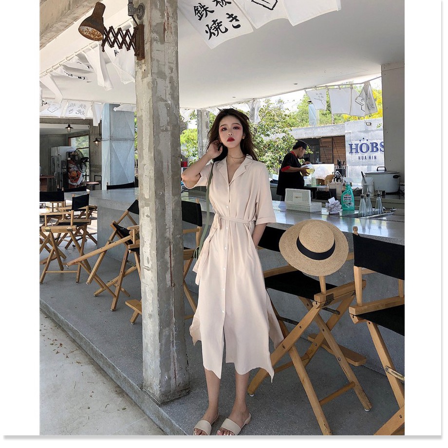 (Order 7-12 ngày) Váy sơ mi dáng dài vintage thắt eo cài khuy đơn giản nhẹ nhàng sang chảnh
