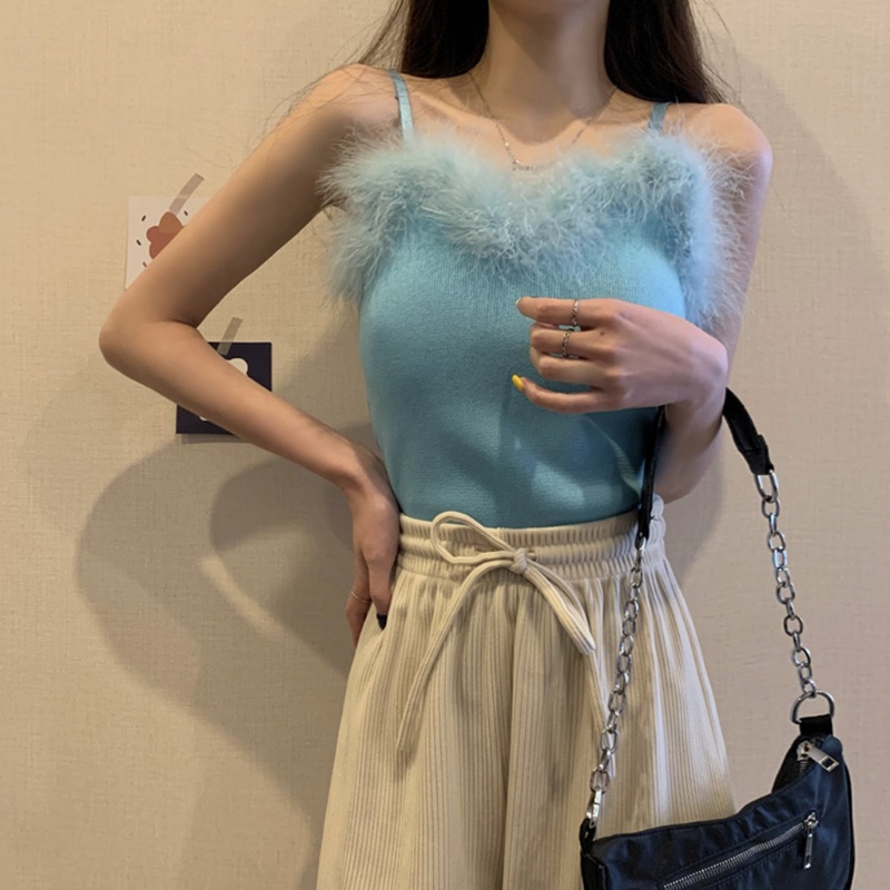 Áo Hai Dây Dệt Kim Mỏng Màu Sắc Trơn Lông Vũ Gợi Cảm xiangbao Cho Nữ