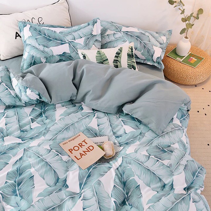 Bộ chăn ga 4 món phong cách Hàn Quốc cotton poly - Lá xanh | BigBuy360 - bigbuy360.vn