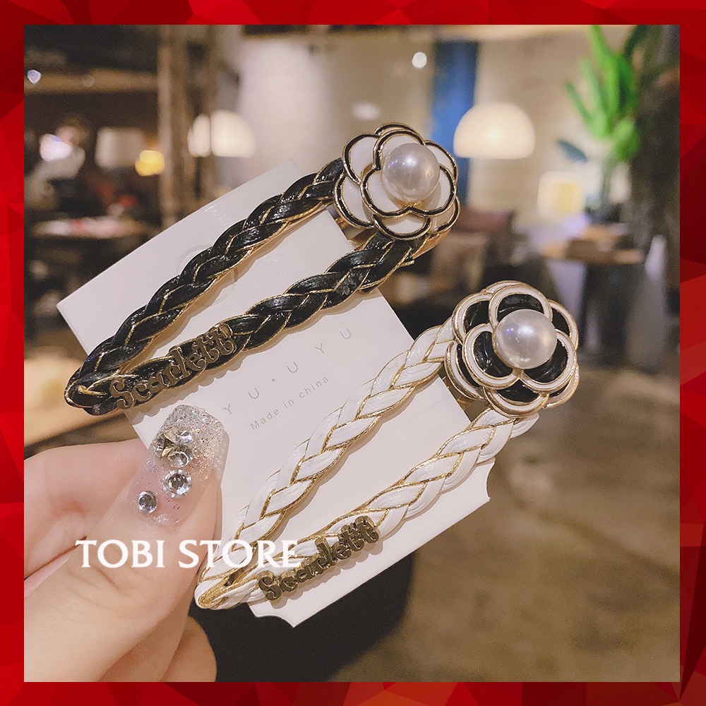 Kẹp tóc mái bông hoa đen mặt xích bện sang chảnh hàng đẹp KEP7 TOBI STORE