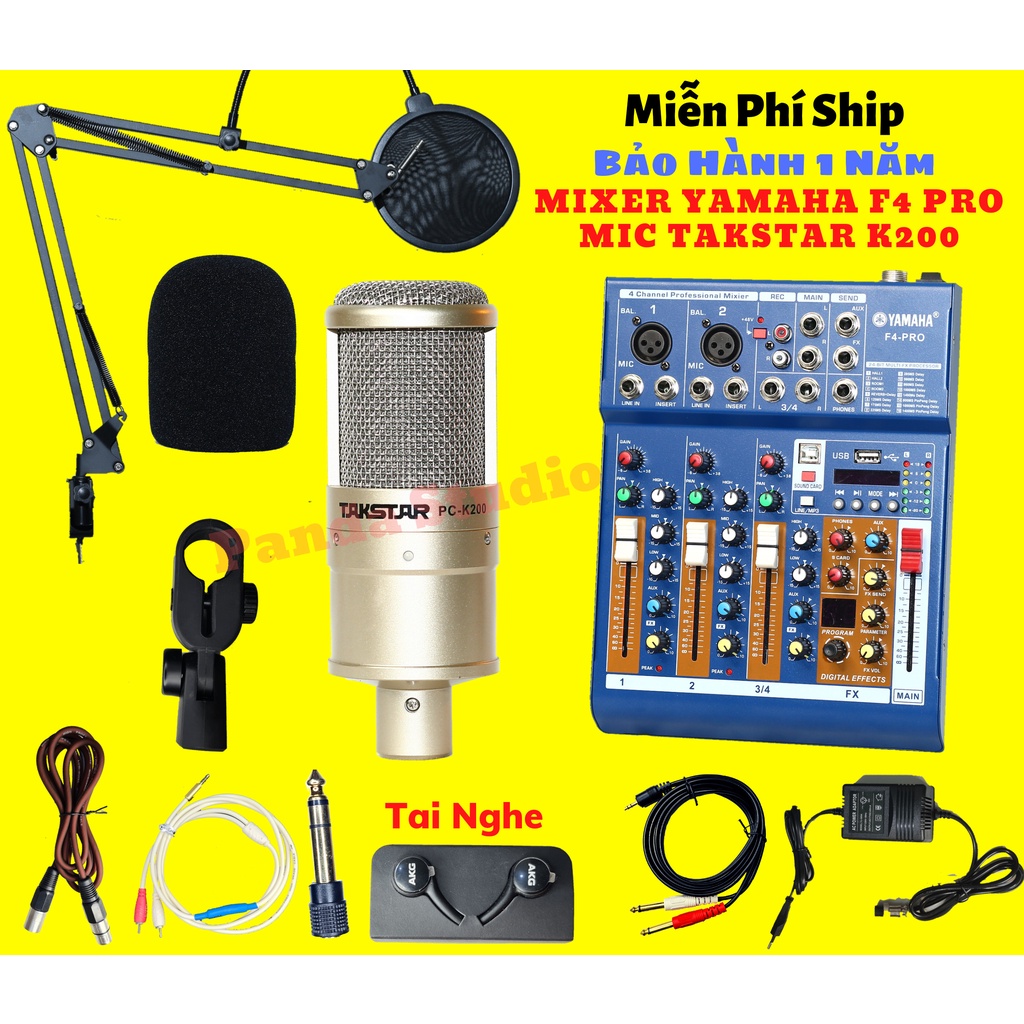 TRỌN BỘ MIC HÁT KARAOKE MIXER F4 PRO (NEW 2021 16 hiêu ứng vang delay) MIC TAKSTAR PC K200