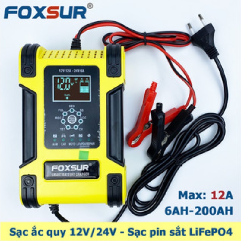 Sạc ắc quy Foxsur 12v/24v 2AH-240ah đa năng Sạc bình Lithium LiFePo4 thông minh tự động ngắt khi đầy