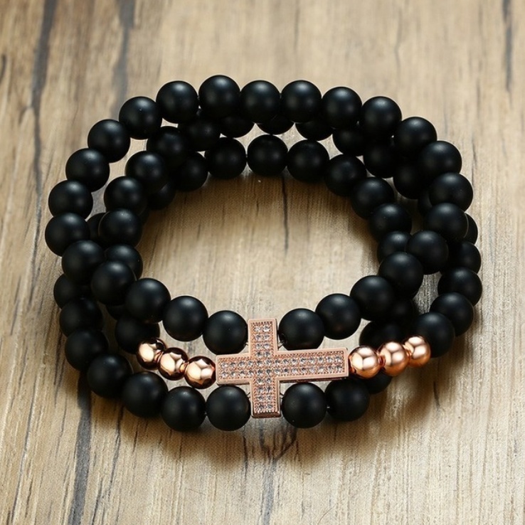 Vòng Tay Hạt Đá Đen 3 Lớp Phong Cách Cổ Điển Cho Nam