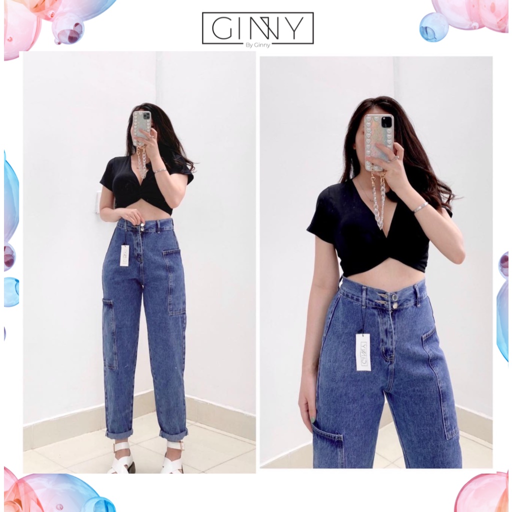 Quần Baggy Nữ Jean Hack Chân KHA-017 | 9 Tấc Cạp Cao | Vải Jean Wash Xịn | GINNY.VN