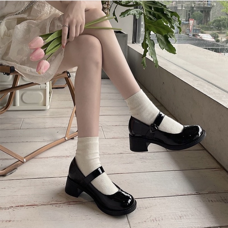 Giày búp bê lolita da bóng gót cao phong cách Hàn Quốc