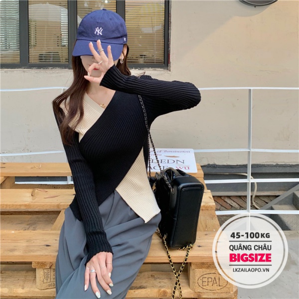 Áo len ⚡️𝐁𝐈𝐆𝐒𝐈𝐙𝐄⚡️ Áo sweater dệt kim nữ tăm ôm body Cổ Chữ V mùa thu hè Phong cách Hàn Quốc