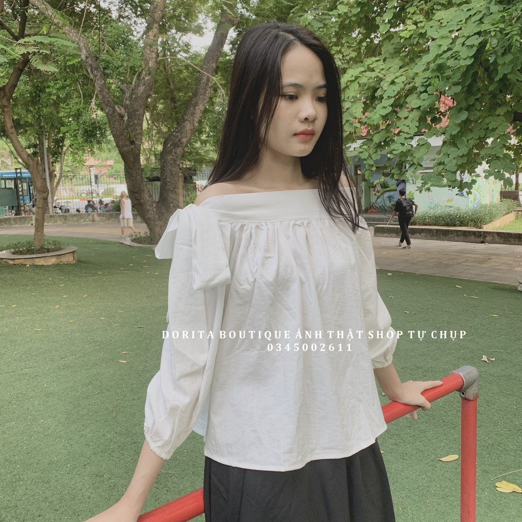 Áo thắt nơ trễ vai tay dài - Thắt nơ lệch điệu đà - Chất đũi hàn - Dorita Boutique | BigBuy360 - bigbuy360.vn