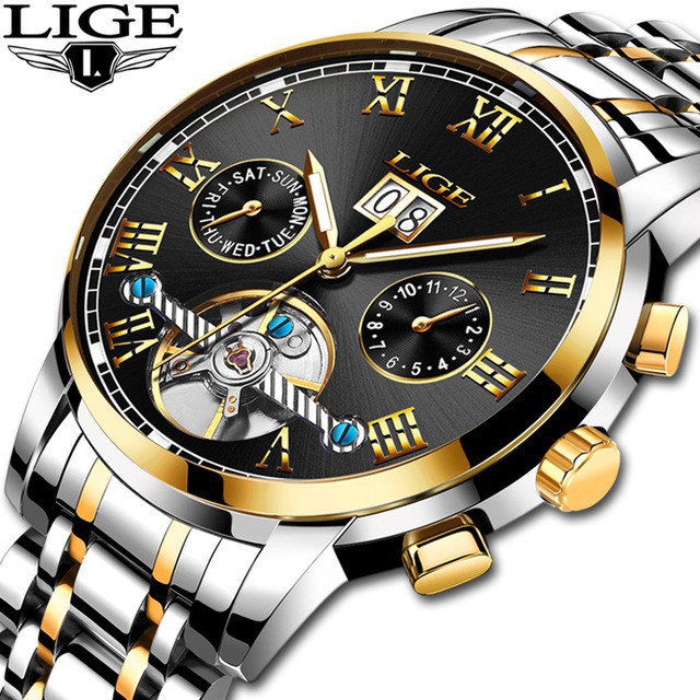 LIGE Men's Watch Fashion Sports Watch Automatic Date Roman Digital Steel Belt Waterproof Mechanical Watch