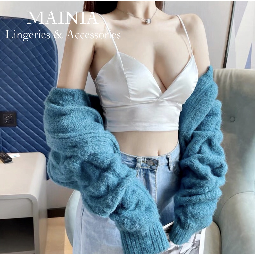 Áo Bra Satin Bản To Lụa Phi Bóng Áo Bra Crotop Hai Dây Trắng Đen Sexy Mainia Shop