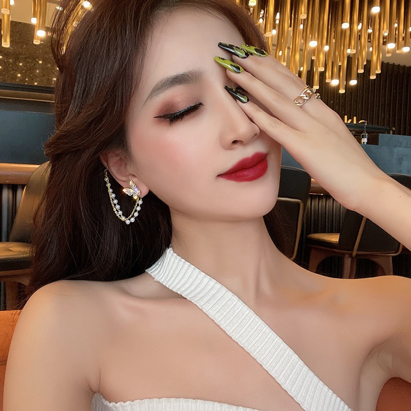 Set bông tai hình bướm kèm tua rua xỏ hạt tròn BT205