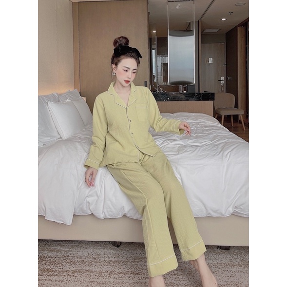 Bộ Pijama mặc nhà Nữ mẫu đũi xốp trơn, Đồ ngủ Thu Đông Áo dài quần dài xinh