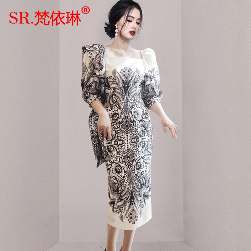 Đầm Tay Phồng Cổ Vuông Dáng Ôm In Họa Tiết Thời Trang Mùa Hè 2022 Chất Lượng Cao Cho Nữ