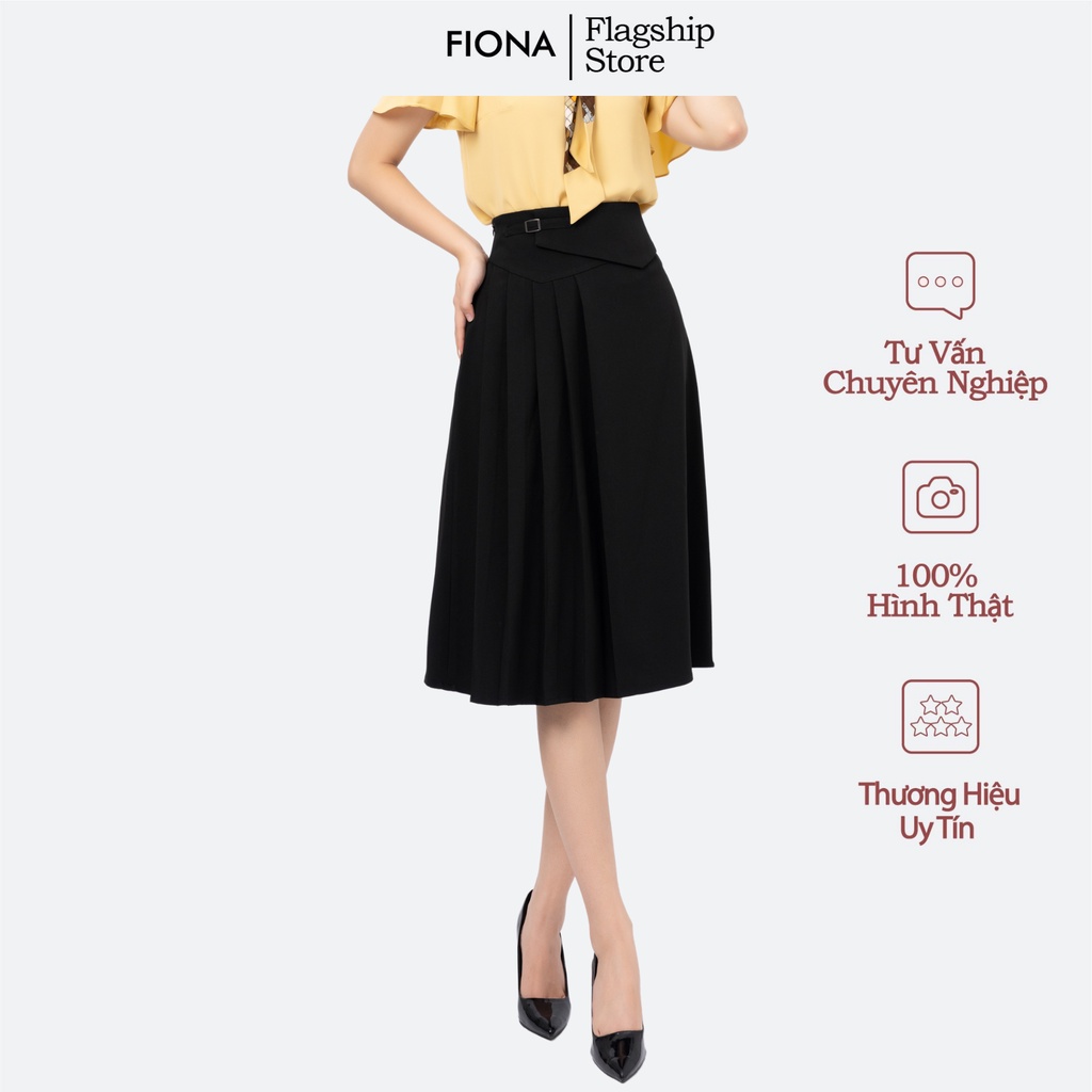 Chân váy xếp ly lệch dáng dài FIONA, chân váy công sở đẹp đai bong trang trí cạp bản to màu đen F251178