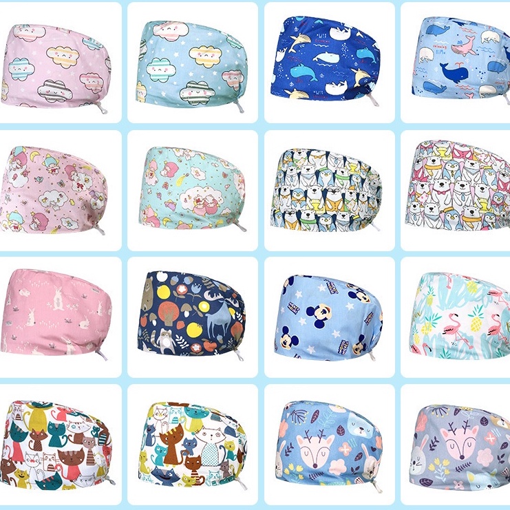 Mũ Y Tá Vải Cotton Co Giãn Thoáng Khí In Họa Tiết Dễ Thương