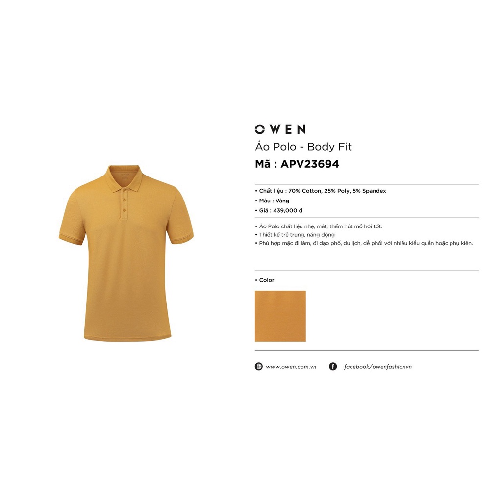 Áo polo owen màu vàng body fit vải cotton APV23694