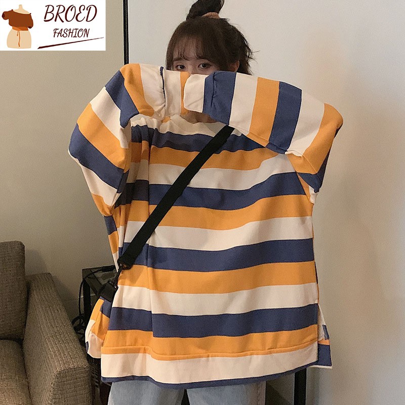 Cotton Striped Round Neck Sweatshirt Women-free Small Bag