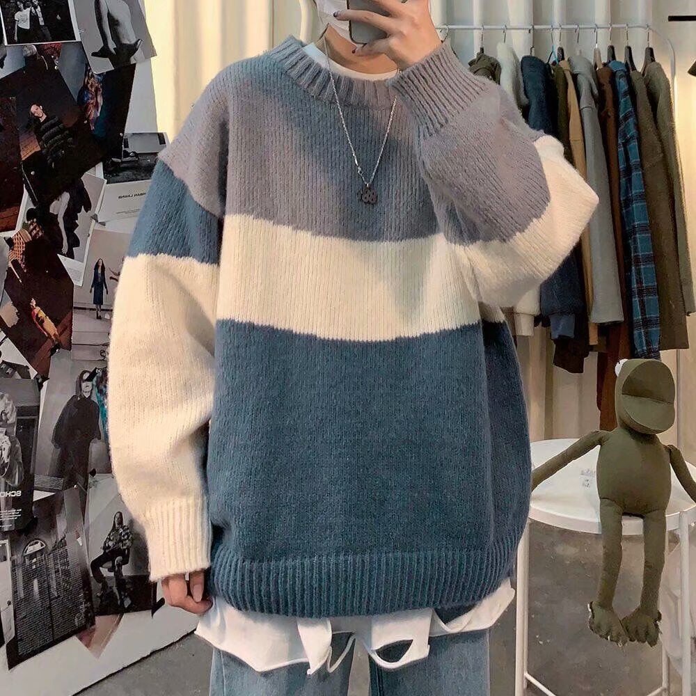 Áo sweater cổ tròn phối màu độc đáo phong cách Hàn Quốc thời trang mùa thu đông dành cho nam và nữ