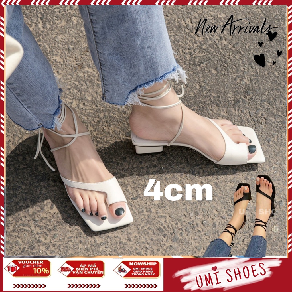 [NOWSHIP] Guốc cao gót kiểu dép sandal chiến binh dây mảnh quấn cổ chân gót vuông mũi vuông mới đẹp xỏ ngón trắng/đen