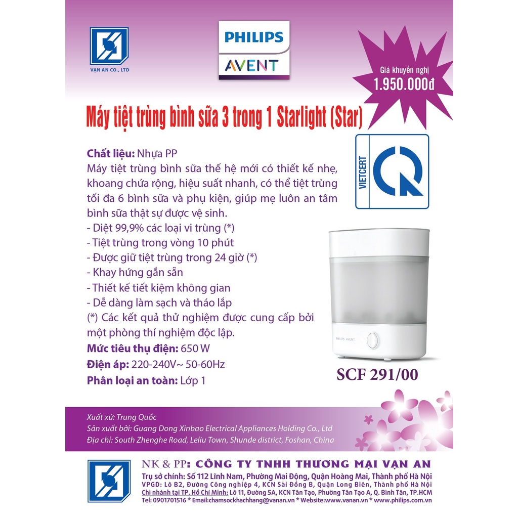 Máy tiệt trùng bình sữa thế hệ mới Starlight Philips Avent SCF291/00