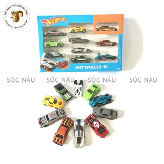 Đồ chơi Xe ô tô sắt Hot wheel hộp 10 xe sắt mô hình chạy bánh đà cực đẹp cho các bé trai Sóc nâu