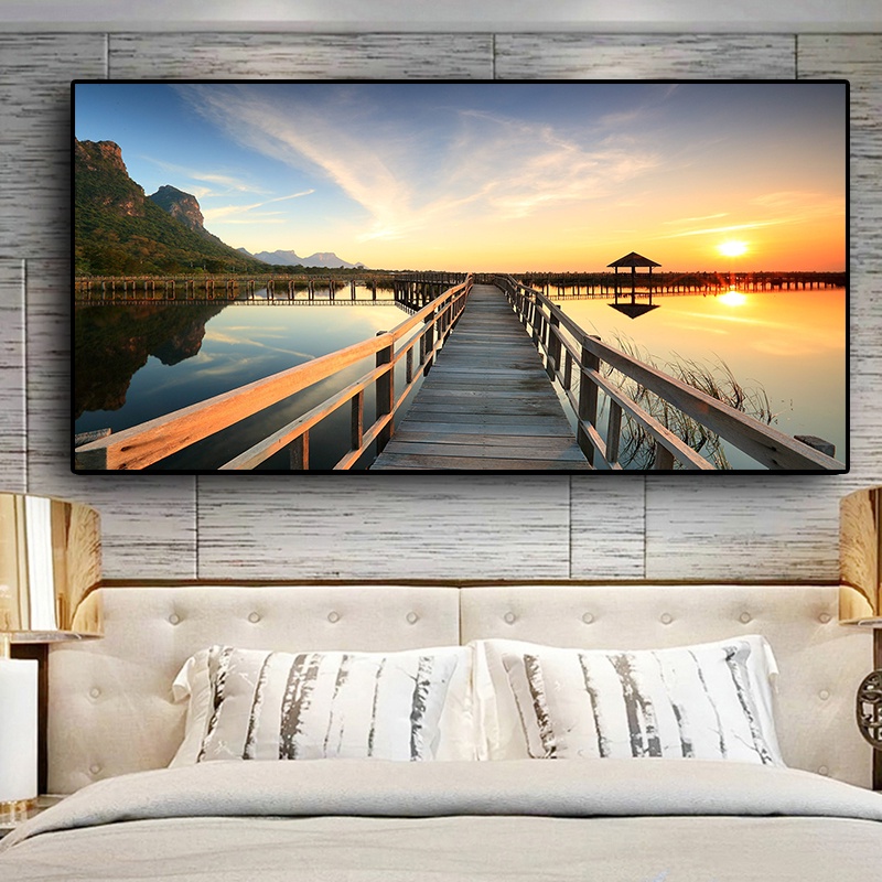 Tranh Vải Bạt Treo Tường In Hình Cây Cầu Hoàng Hôn Hồ Và Phong Cảnh Trang Trí Phòng Khách