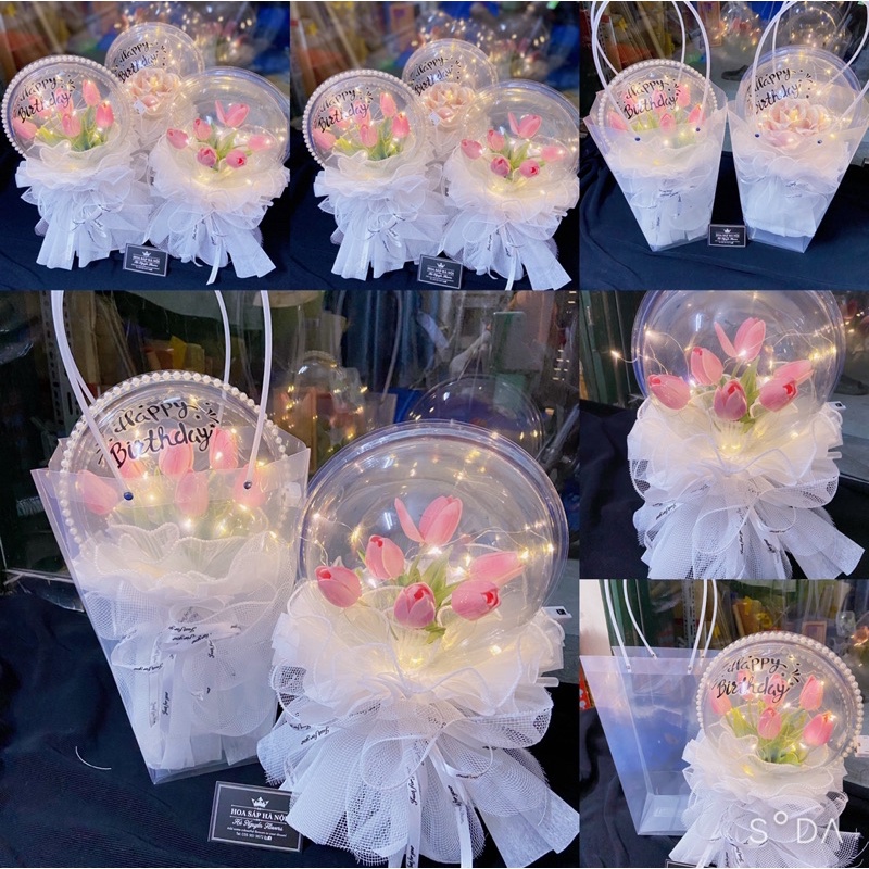 Quà tặng, bó bóng mĩ hoa tuylip , Sản phẩm y hình, bóng trong suốt bằng nhựa không xẹp hơi