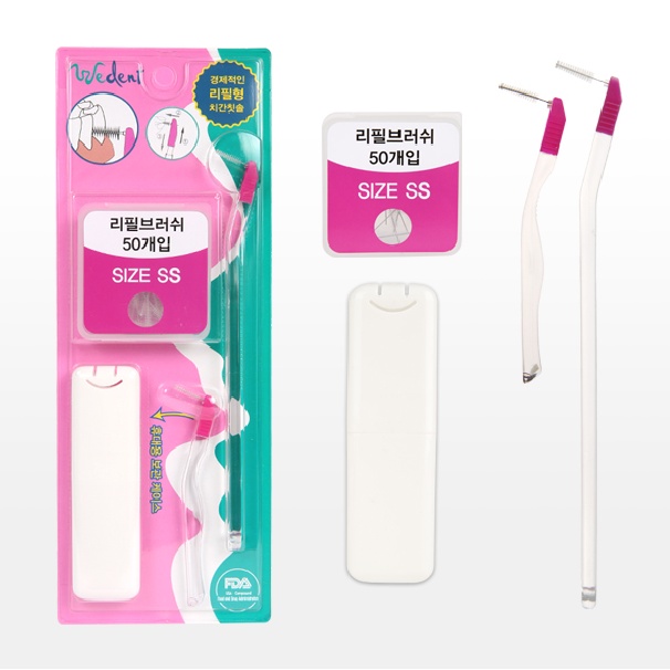 Bàn Chải Kẽ Răng Wedent Interdental Brush 50P (1 Cây Nhỏ + 1 Cây Lớn + 50 Đầu Thay Thế - Size SS)