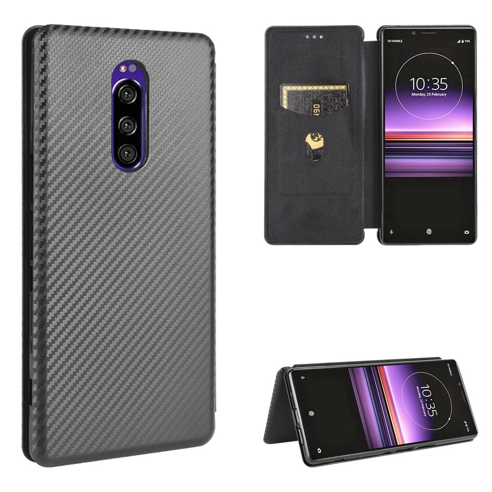 Bao da điện thoại PU sợi carbon kiểu ví thẻ nắp gập nam châm có giá đỡ cho Sony Xperia 1 J8110 J8170 J9110 J9150