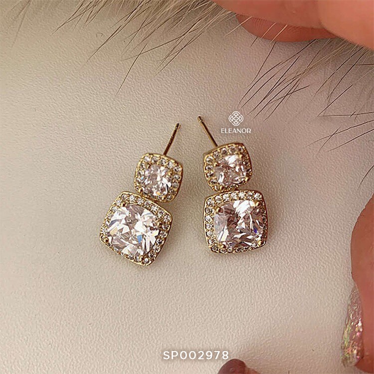 Bông Tai Nữ ELeanor Hình Vuông Đính Đá Zircon Phong Cách Thời Trang Hàn Quốc - SP002978