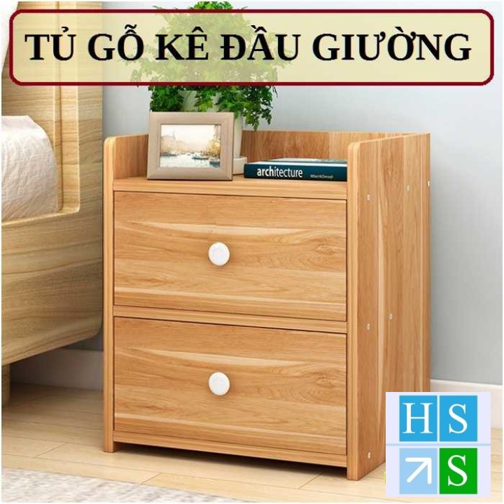 Kệ tủ gỗ đầu giường lắp ghép xinh sắn tiện lợi (40x33x26cm, mặt gỗ phủ chống nước, không mối mọt, 2 ngăn kéo)