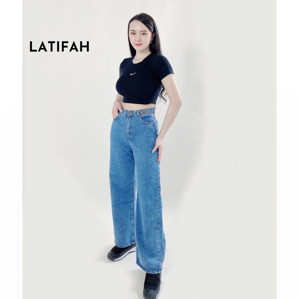 Quần baggy jeans nữ LATIFAH ống rộng dài 98cm gài cúc eo màu xanh nhạt QD041