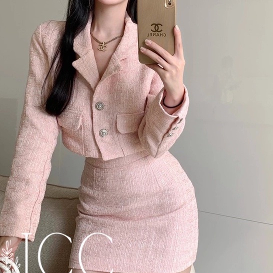 Set Áo Váy Dạ Tweed Màu Hồng Siêu Sang Chảnh Có Ảnh Thật AC022