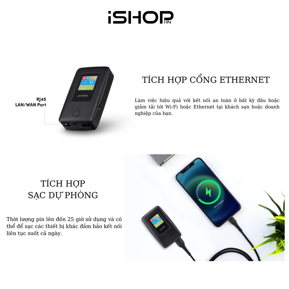Bộ phát Wifi di động Prolink DL7203E, SIM 4G LTE 150Mbps, pin 5200mAH, màn hình 1.44", cổng RJ45, USB 2.0, microSD