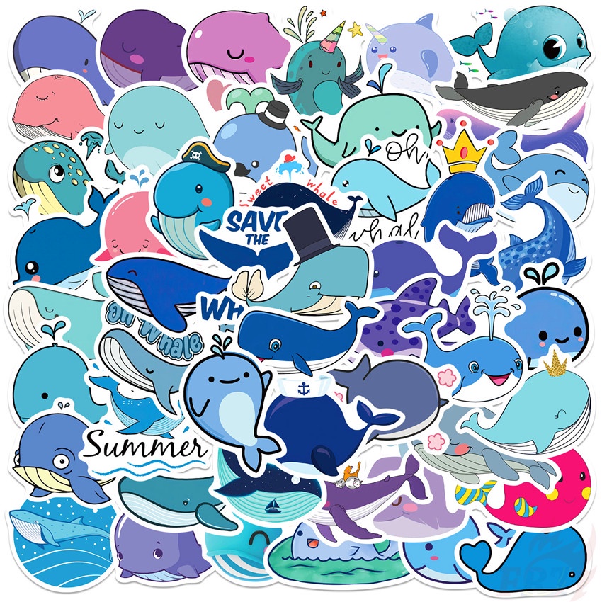 Set 50 miếng dán trang trí laptop hành lý hình cá voi xanh DIY 02