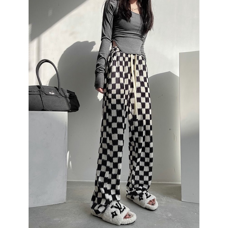 Quần Dài Lưng Cao Ống Rộng Họa Tiết Sọc Caro Trắng Đen Thời Trang Xuân Hè Cá Tính Cho Nữ