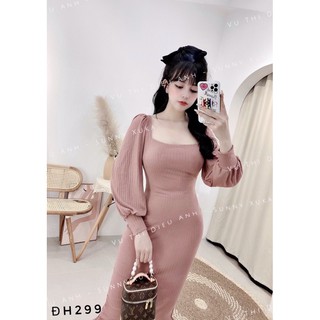Váy body len tăm cổ vuông tay bồng dáng dài