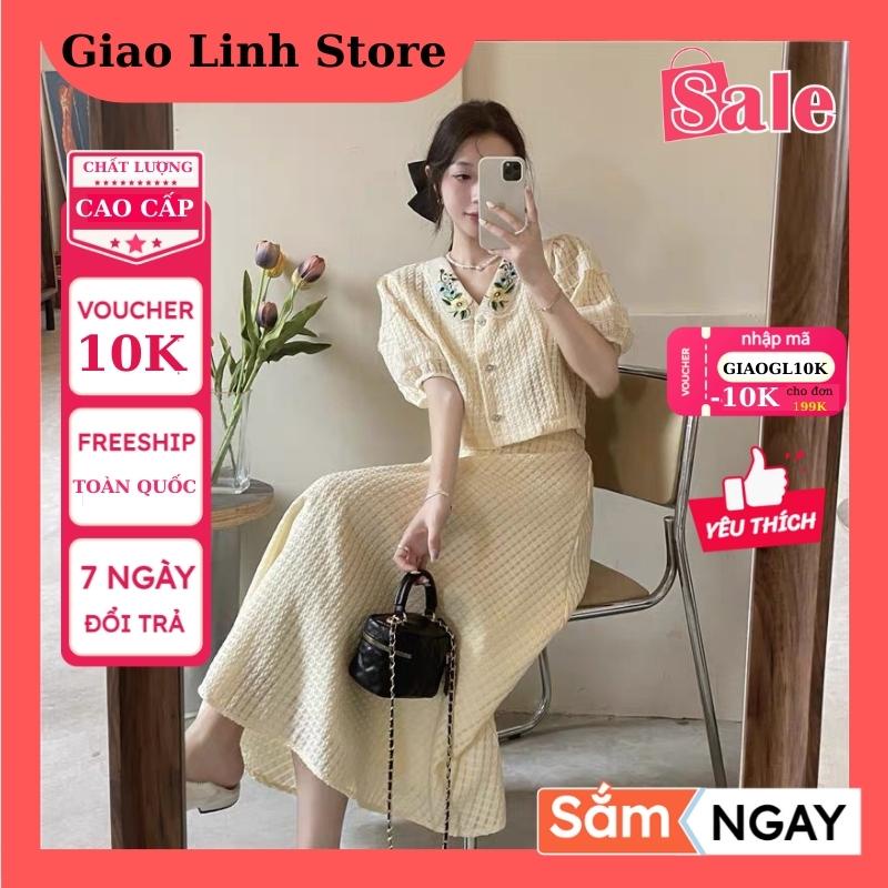 Set chân váy xòe midi dài qua gối có bo chun kiểu caro mix áo Croptop nữ tay phồng có cổ sen tay ngắn nút gài