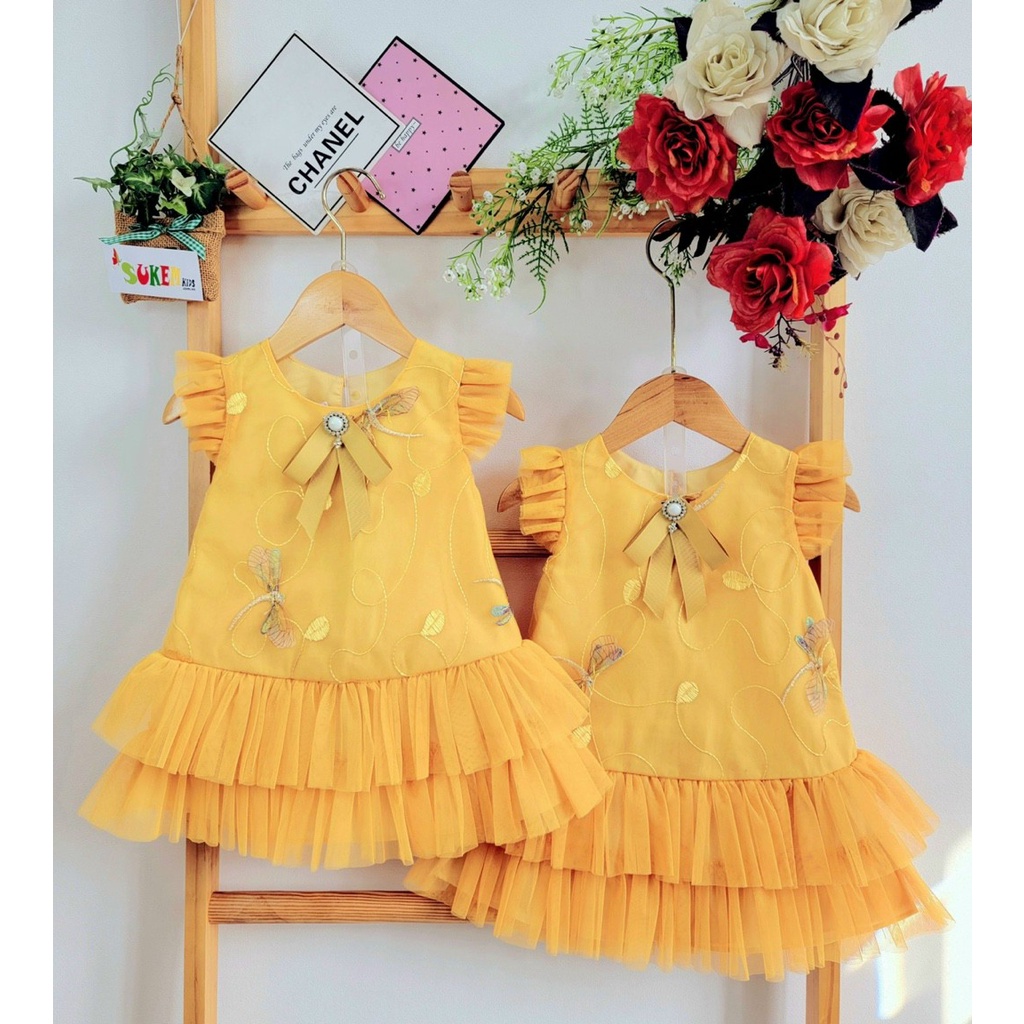 Đầm voan công chúa cho bé gái  dự tiệc diện tết đẹp thêu chuồn chuồn size 10-32kg hàng thiết kế cao cấp
